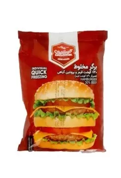 تصویر همبرگر مخلوط 30%گوشت قرمز و پروتئین گیاهی گوشتیران 500 گرمی